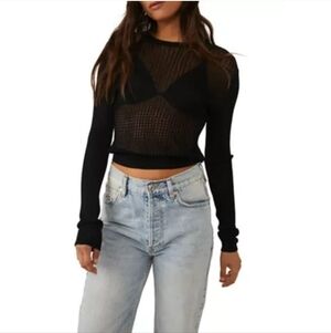 Free People H20 Black Mesh Crew Neck Pullover Medium
